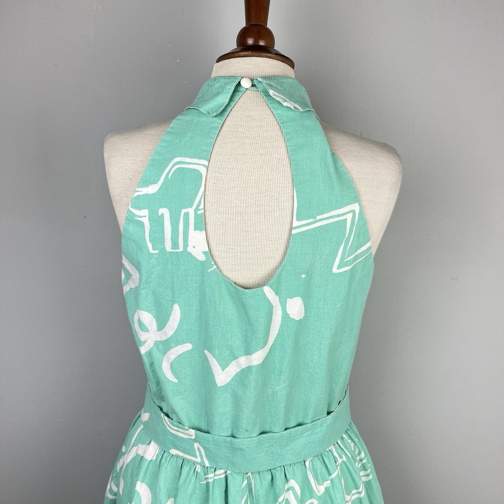 Vintage 80s Lanz Originals Halter Dress Womens 14 Aqua Green Belted Cotton - Picture 8 of 9